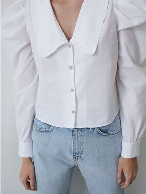 Zara White Ruffle-Trim Puff Sleeve Button-Down